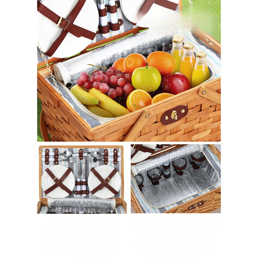 Picnic Basket Set Wooden Cooler Bag 4 Person Outdoor Insulated Liquor