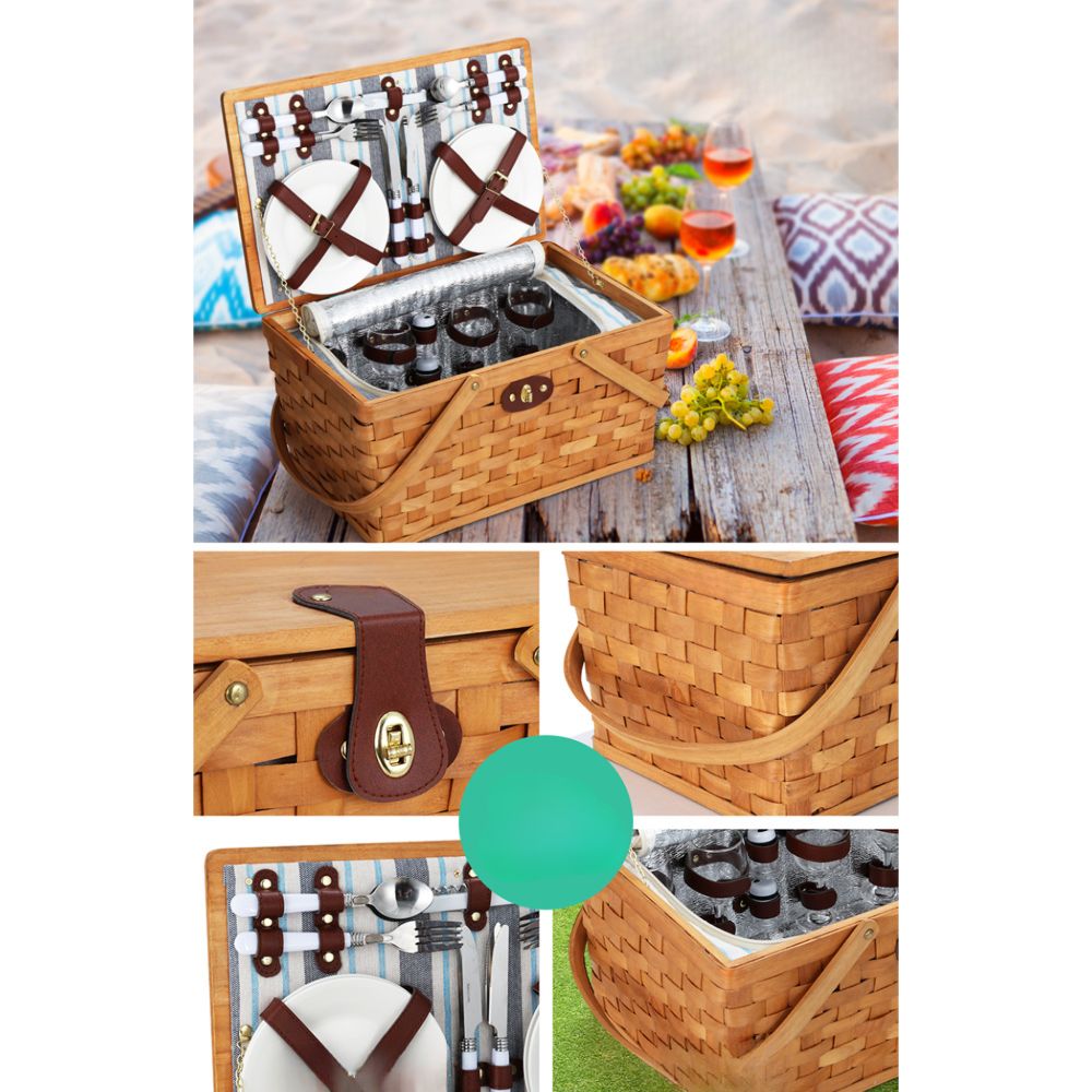 Picnic Basket Set Wooden Cooler Bag 4 Person Outdoor Insulated Liquor