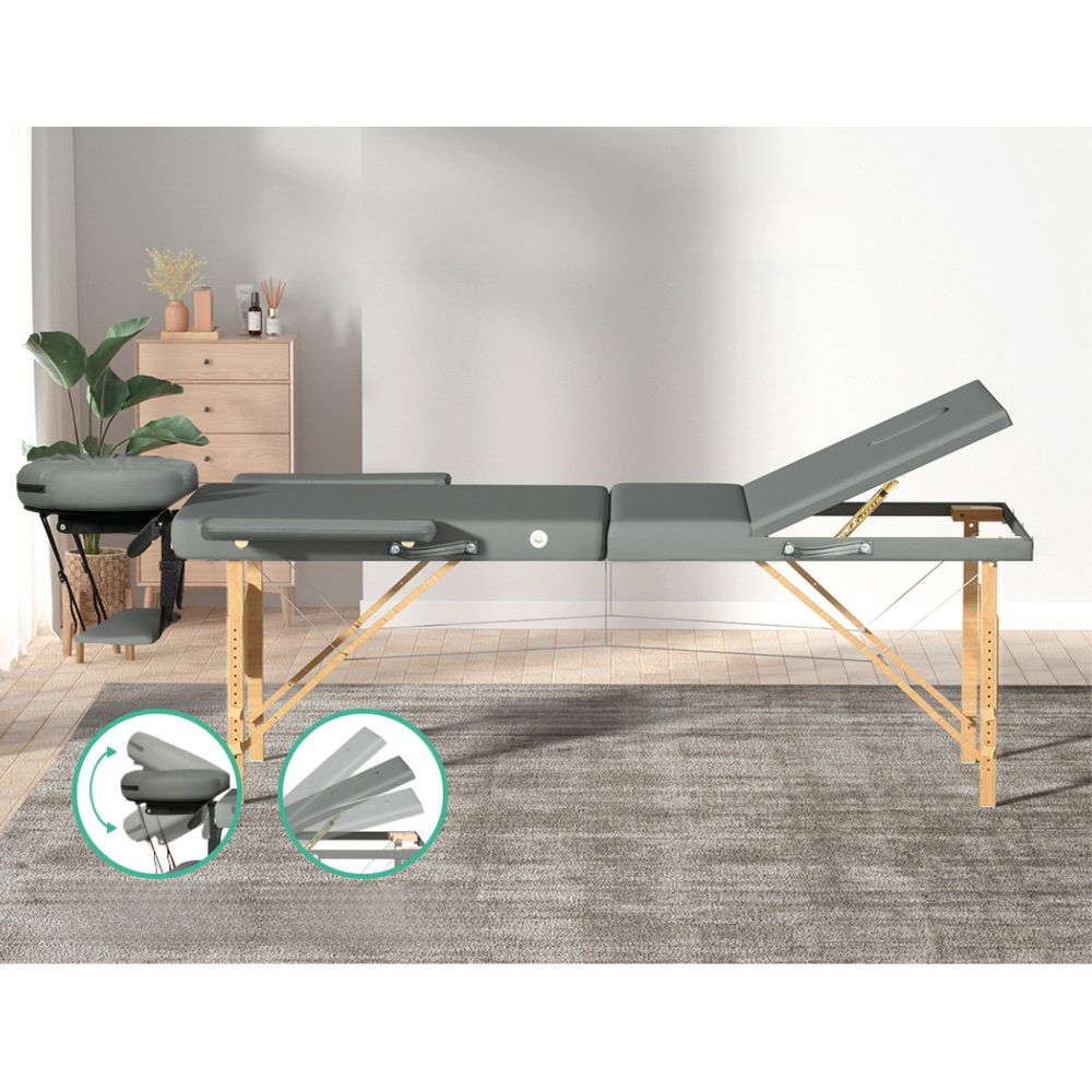 Massage Table Wooden Bed Portable 3 Fold Beauty Therapy Waxing 75CM Grey