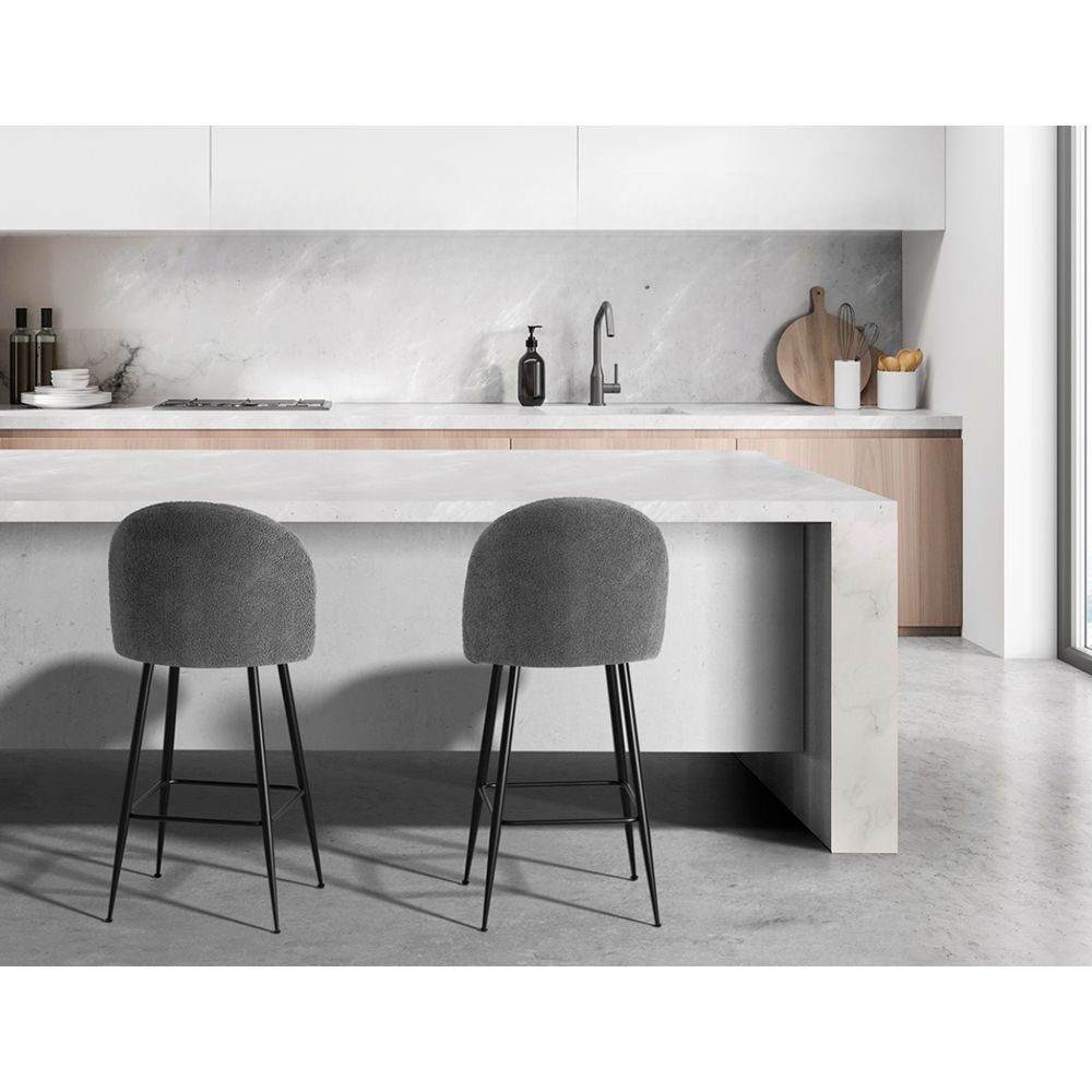 Set of 2 Bar Stools Kitchen Dining Chair Stool Chairs Sherpa Boucle Charcoal