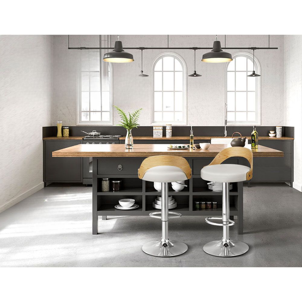 Set of 2 Bar Stools Kitchen Gas Lift Wooden Stool Metal Barstools White Swivel