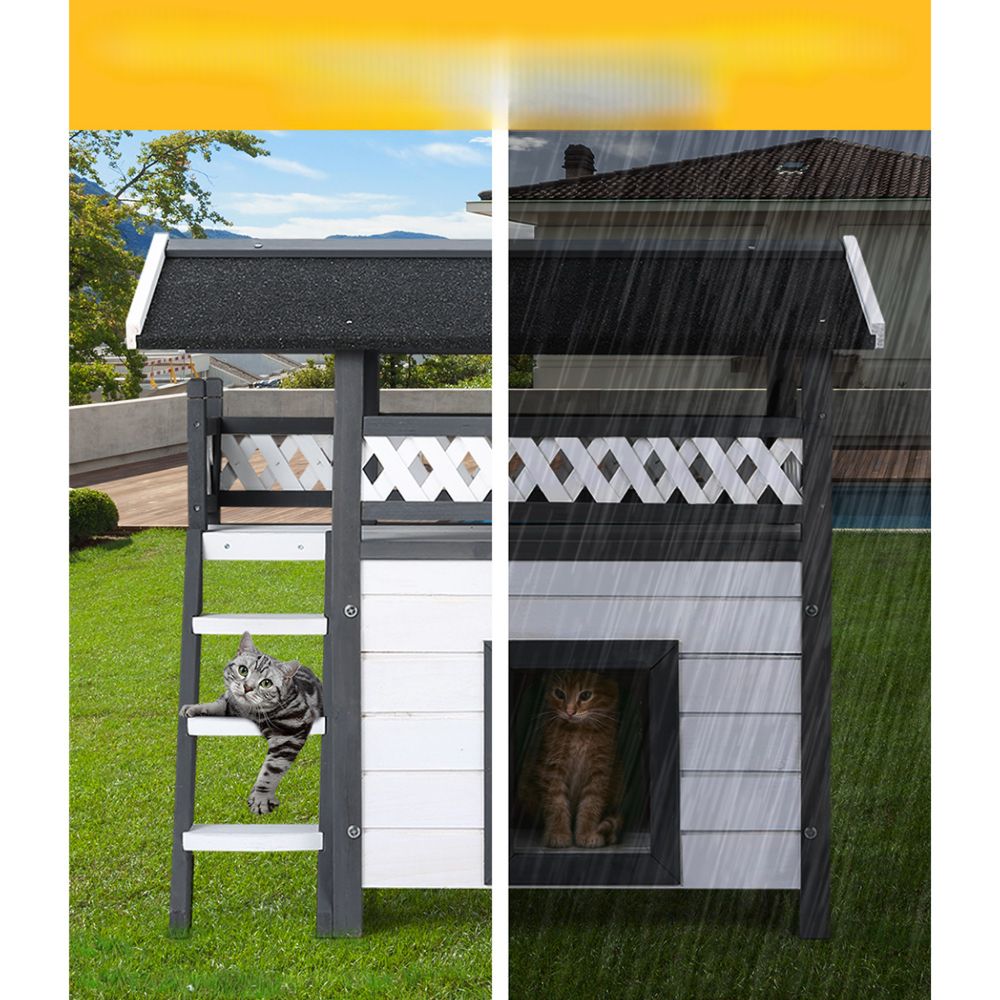 Rabbit Hutch Cat Shelter Outdoor Wooden Small Pet Kennel - Grey and White