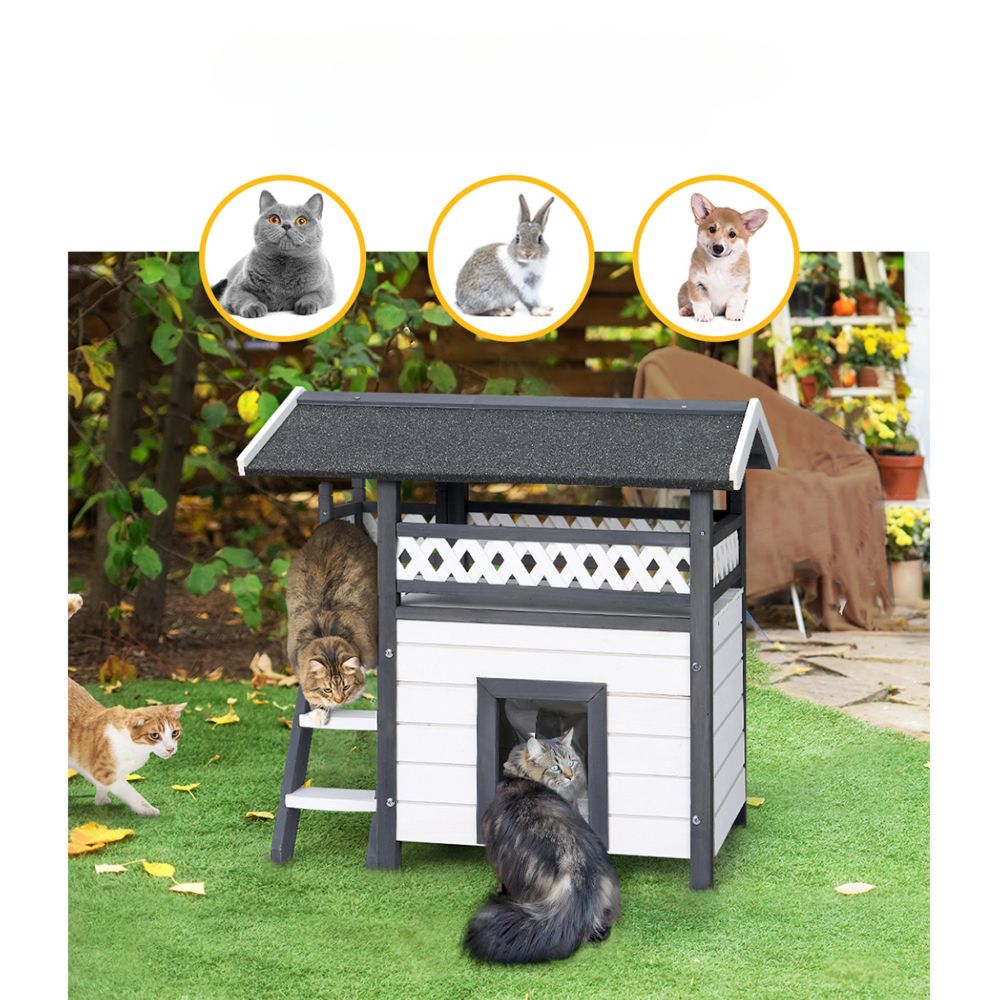 Rabbit Hutch Cat Shelter Outdoor Wooden Small Pet Kennel - Grey and White