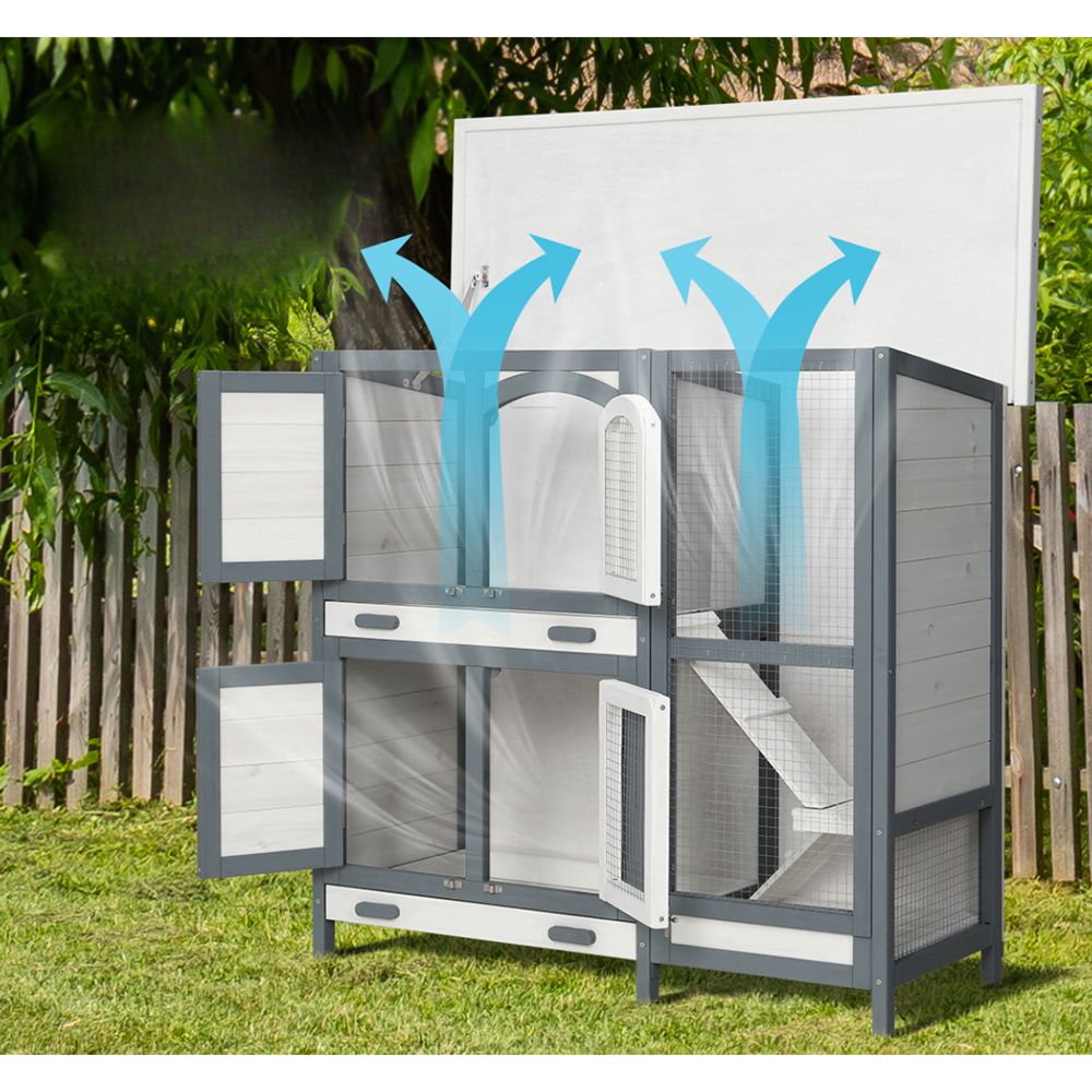 Rabbit Hutch Cat Shelter Outdoor Wooden Small Pet Kennel - White Grey