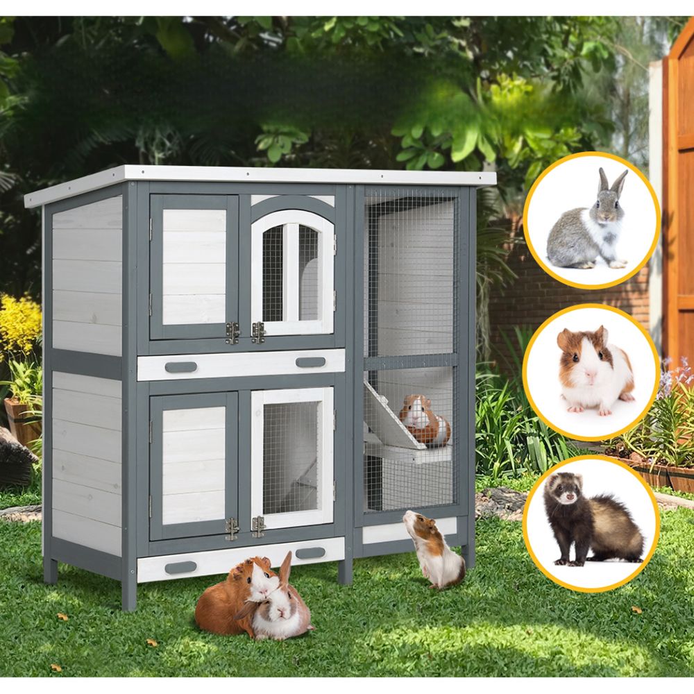 Rabbit Hutch Cat Shelter Outdoor Wooden Small Pet Kennel - White Grey