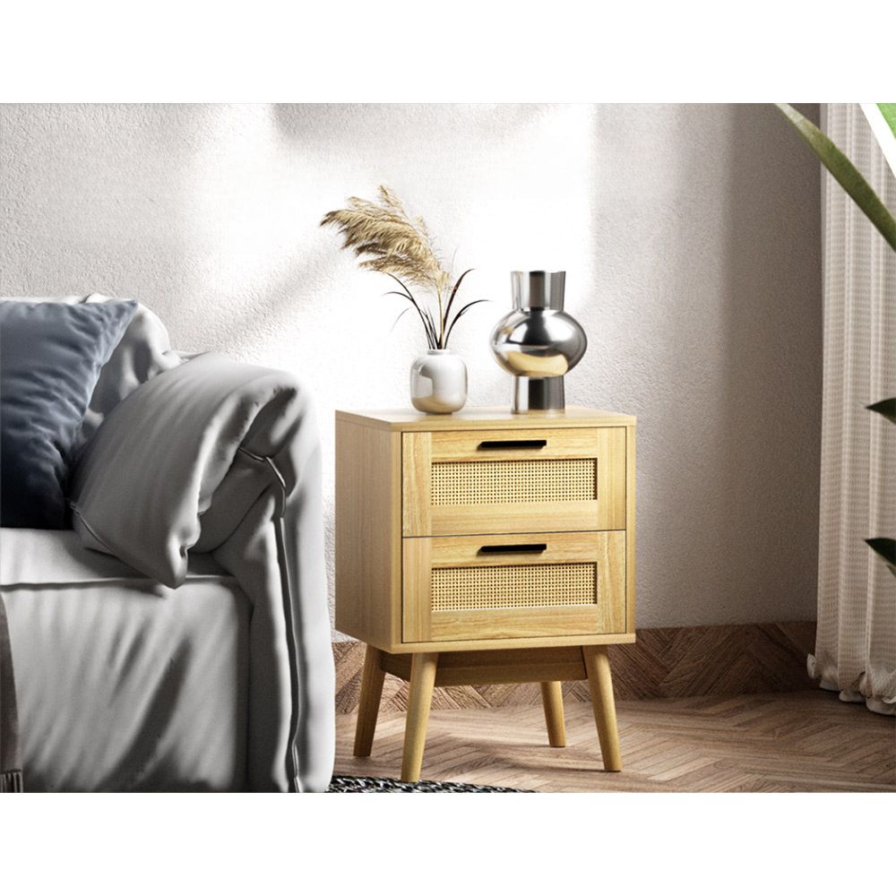 Bedside Tables Rattan 2 Drawers Side Table Nightstand Storage Cabinet