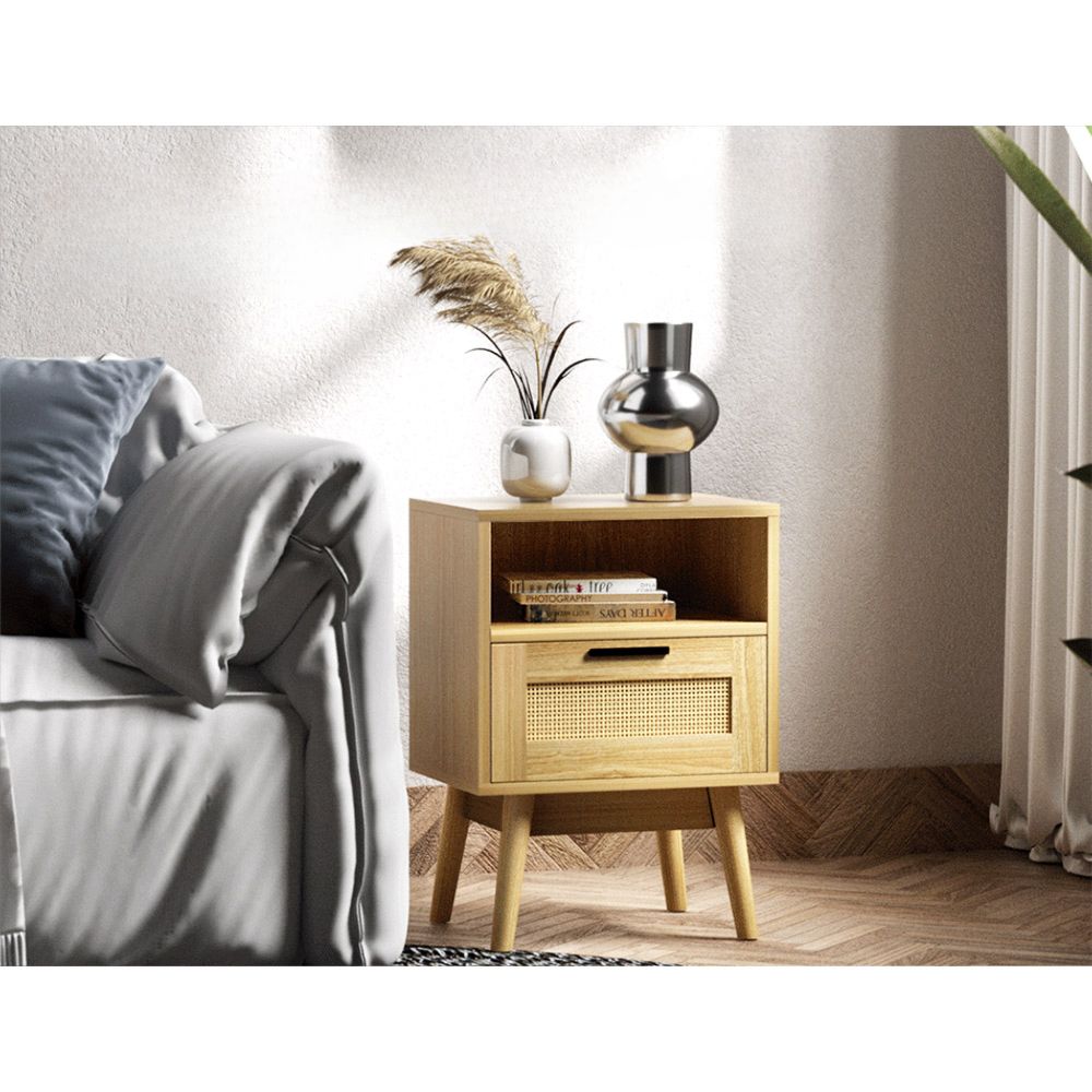 Bedside Tables Rattan Drawers Side Table Nightstand Storage Cabinet Wood
