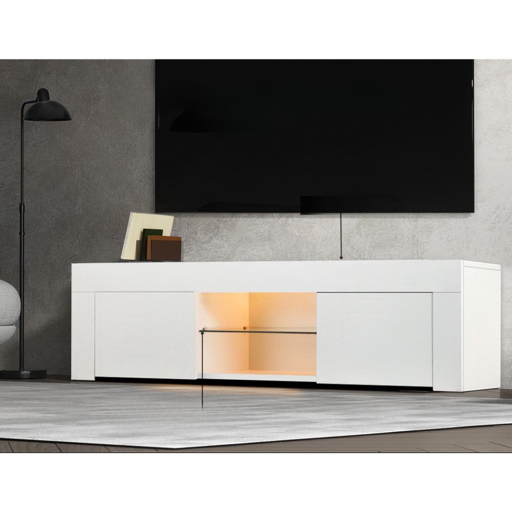 TV Cabinet Entertainment Unit Stand RGB LED Gloss Furniture 130cm White