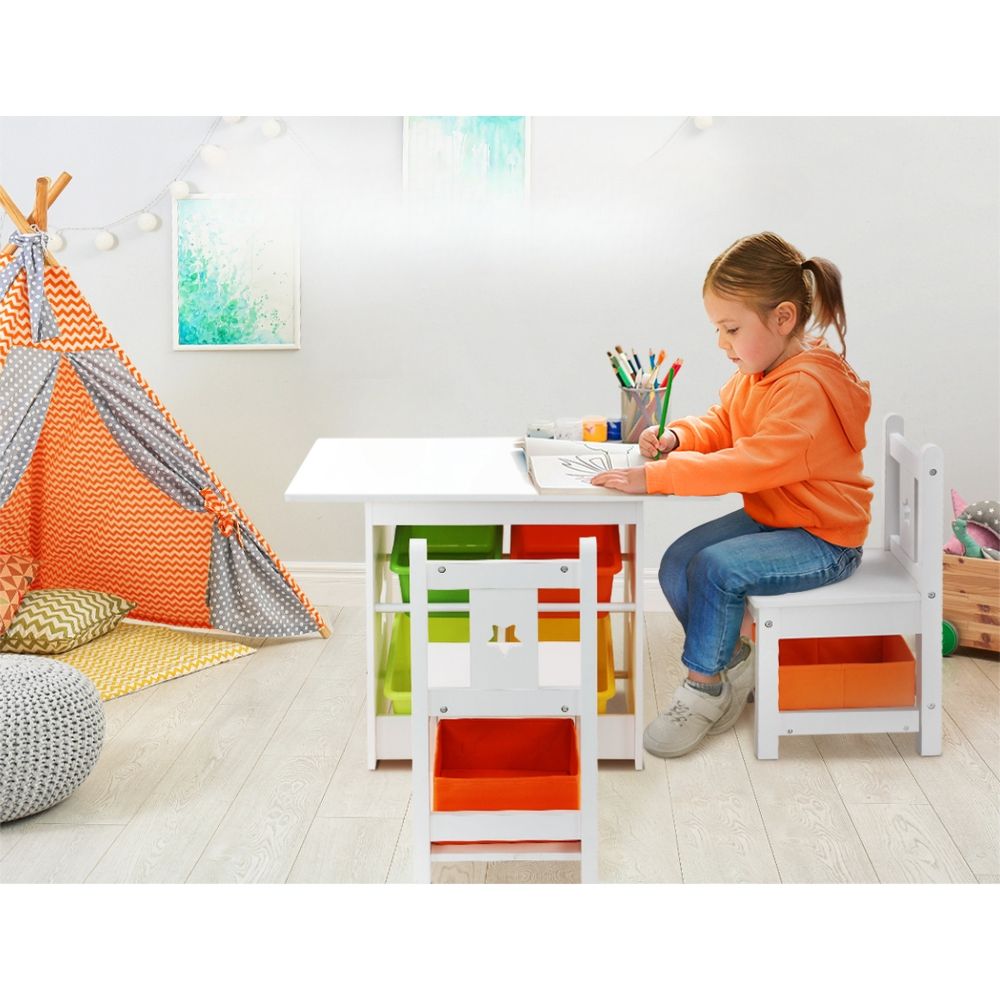 Kids Table Chairs Storage Wooden Play Study Desk - Set of 3