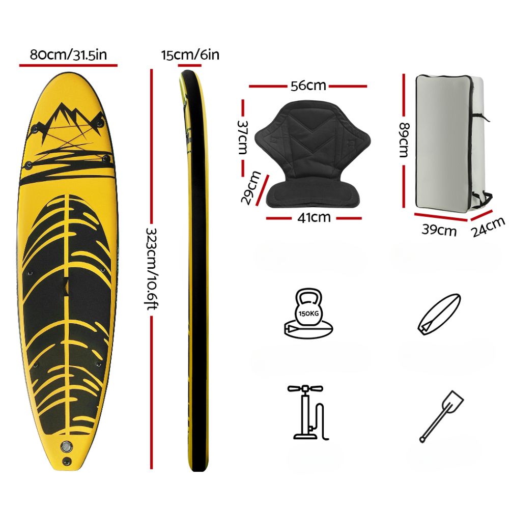 Stand Up Paddle Board Inflatable Kayak Surfboard Yellow Black - 10FT