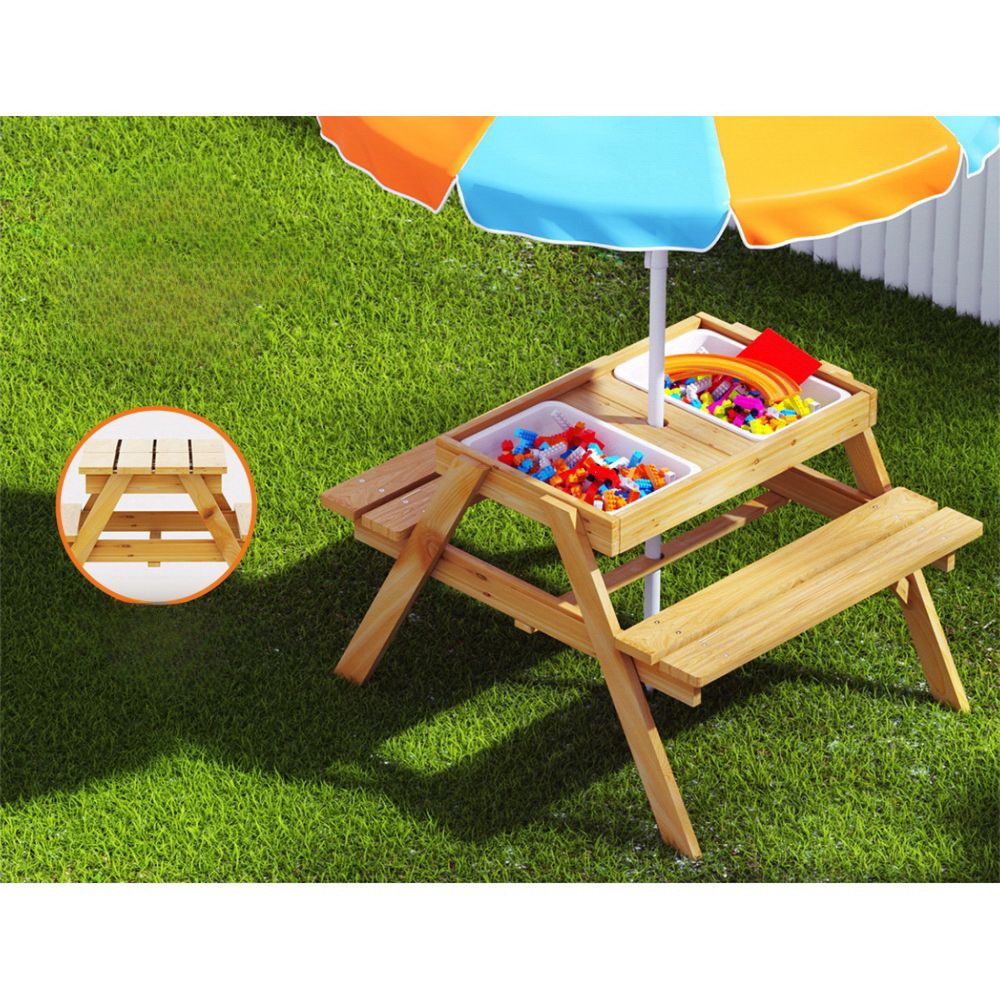 Kids Outdoor Table Chairs Picnic Bench Umbrella Sand Pit Box Set - Wood