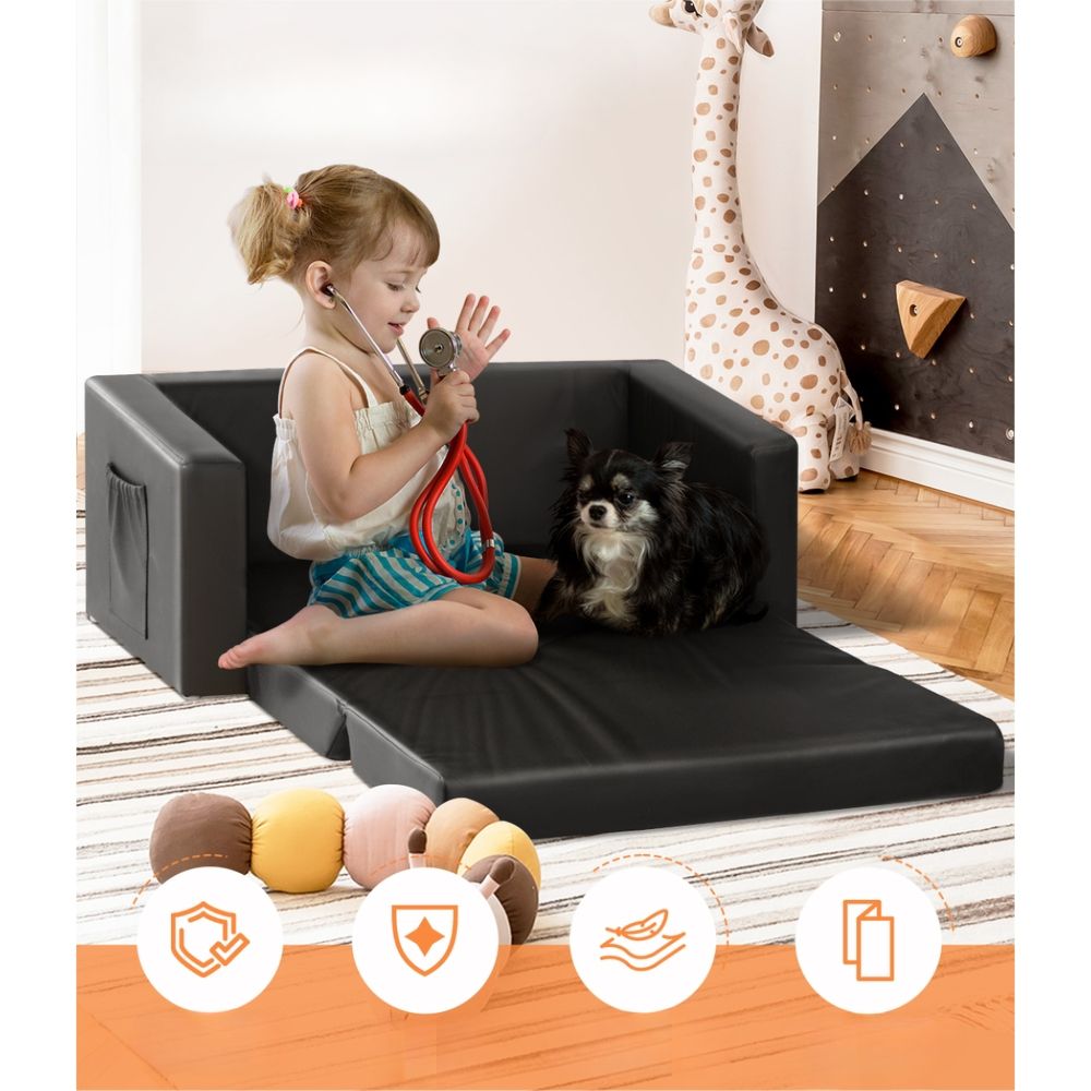Kids Convertible Sofa PU Leather Children Longe Couch Black - 2 Seater