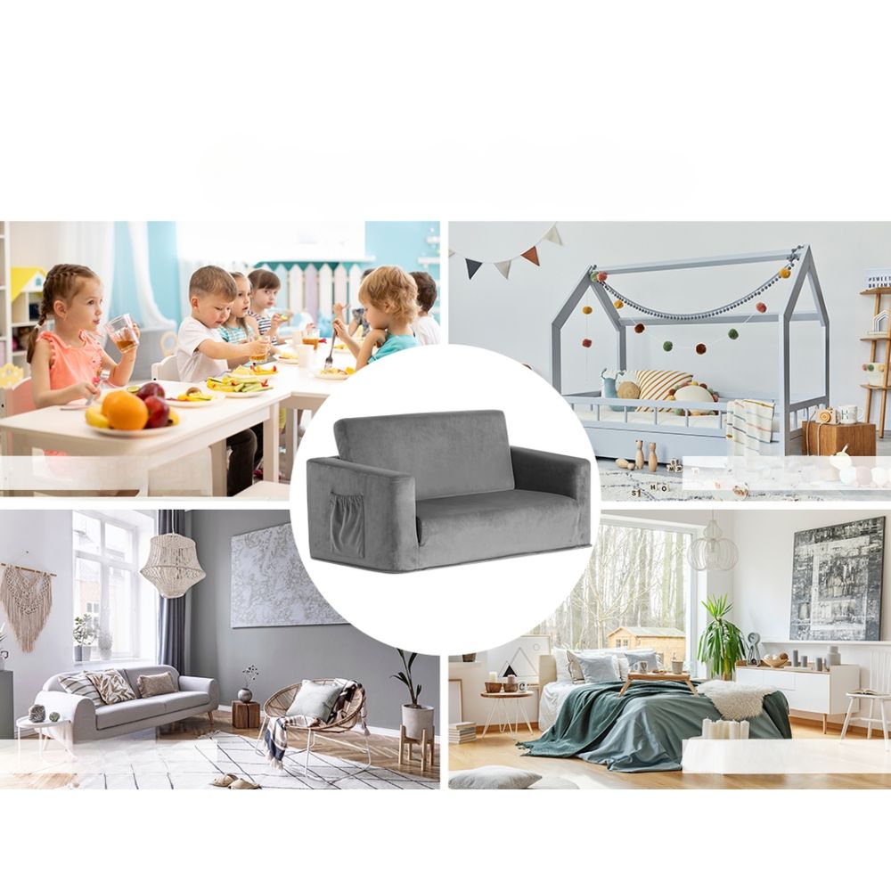 Kids Convertible Sofa Flip Open Children Longe Couch Grey - 2 Seater
