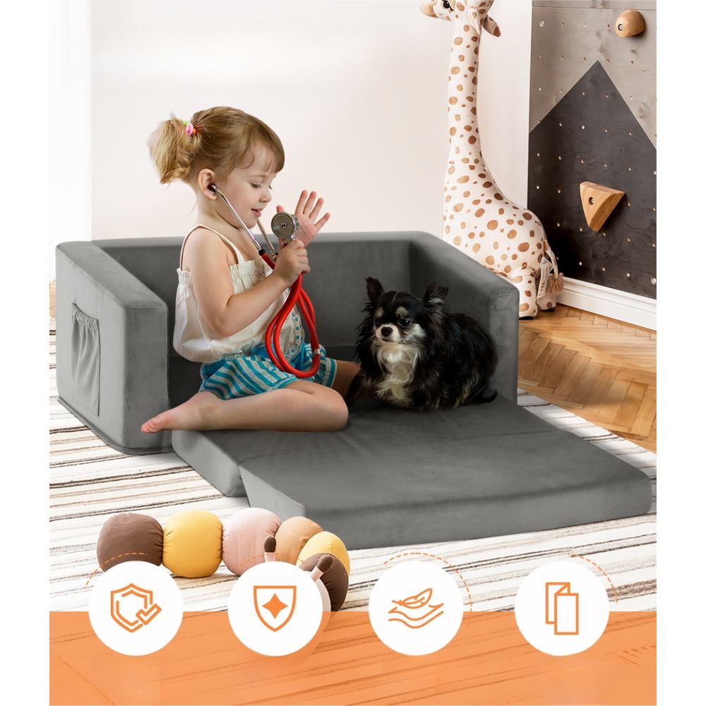 Kids Convertible Sofa Flip Open Children Longe Couch Grey - 2 Seater