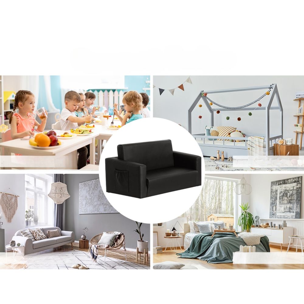 Kids Convertible Sofa PU Leather Children Longe Couch Black - 2 Seater