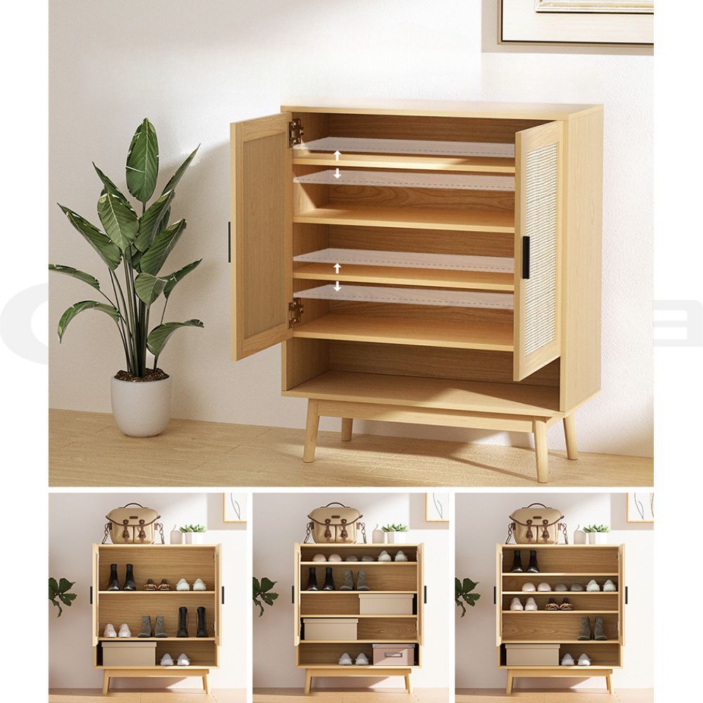 Shoe Cabinet Rattan Shoes Storage Rack Organiser Wooden Cupboard Shelf