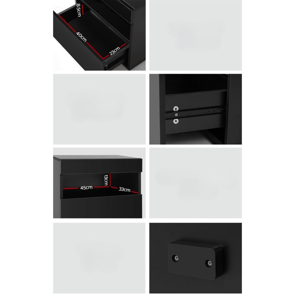 Bedside Tables Drawers Side Table RGB LED High Gloss Nightstand Black