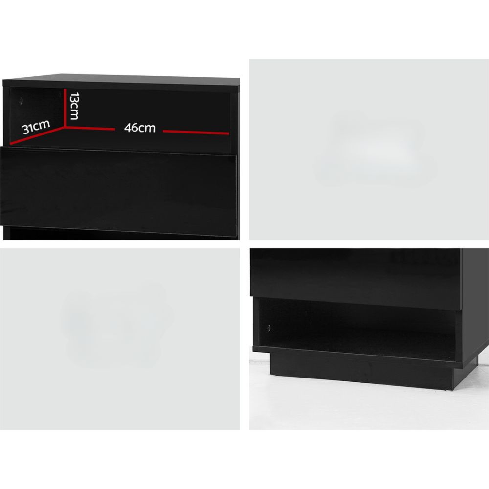 Bedside Tables Side Table RGB LED Drawers Nightstand High Gloss Black