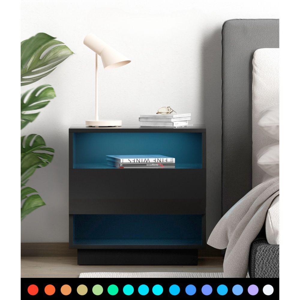 Bedside Tables Side Table RGB LED Drawers Nightstand High Gloss Black