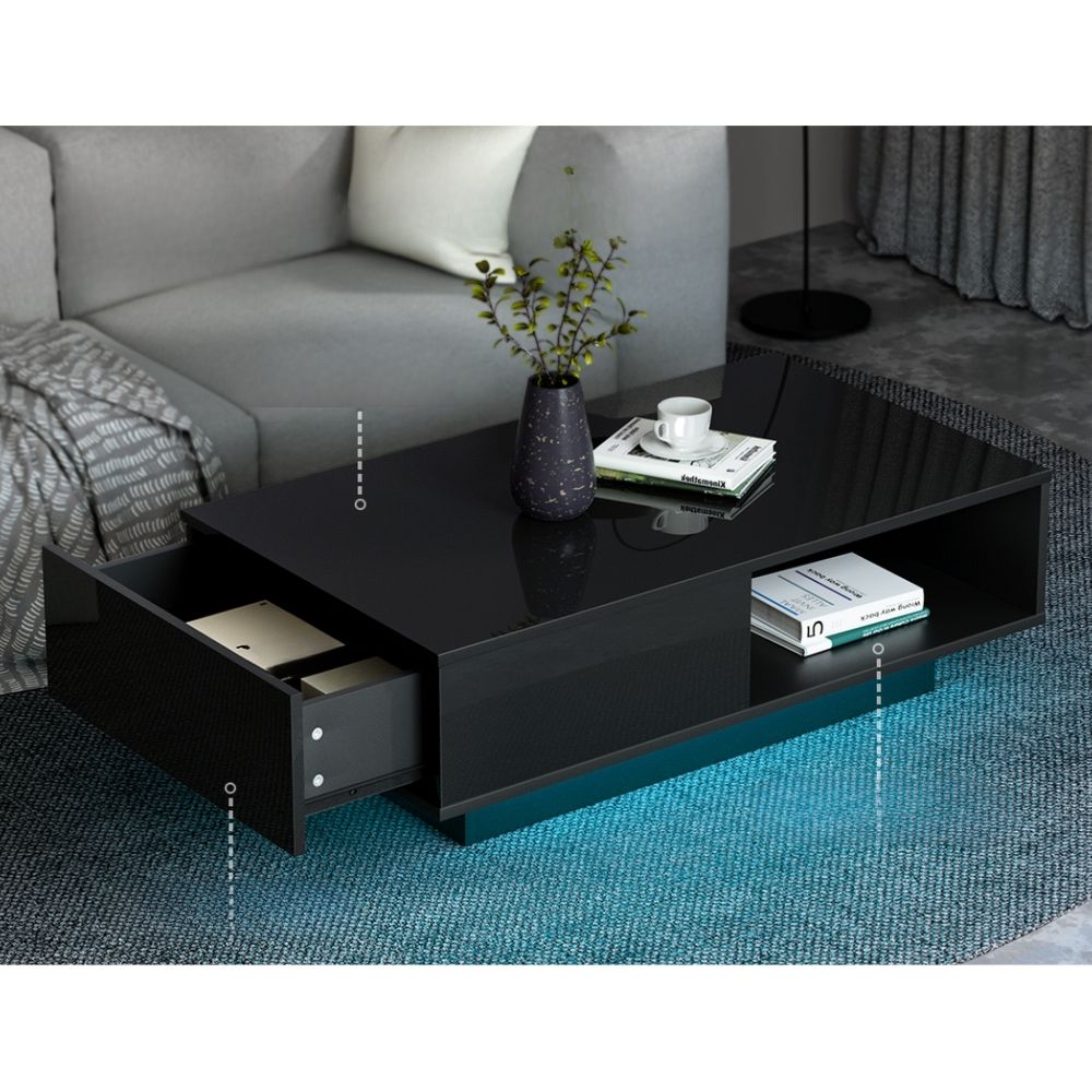 Coffee Table LED Lights High Gloss Storage Drawer Modern Furniture Black