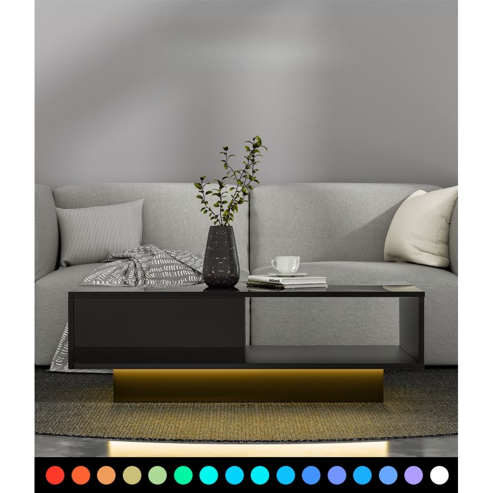 Coffee Table LED Lights High Gloss Storage Drawer Modern Furniture Black