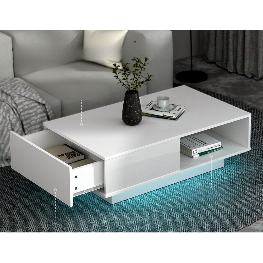 Coffee Table LED Lights High Gloss Storage Drawer Modern Furniture White