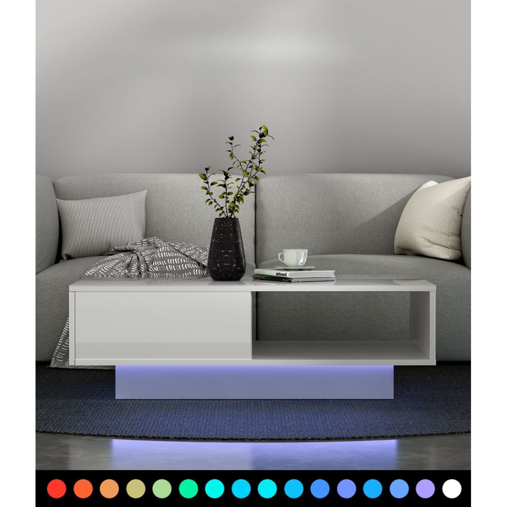 Coffee Table LED Lights High Gloss Storage Drawer Modern Furniture White