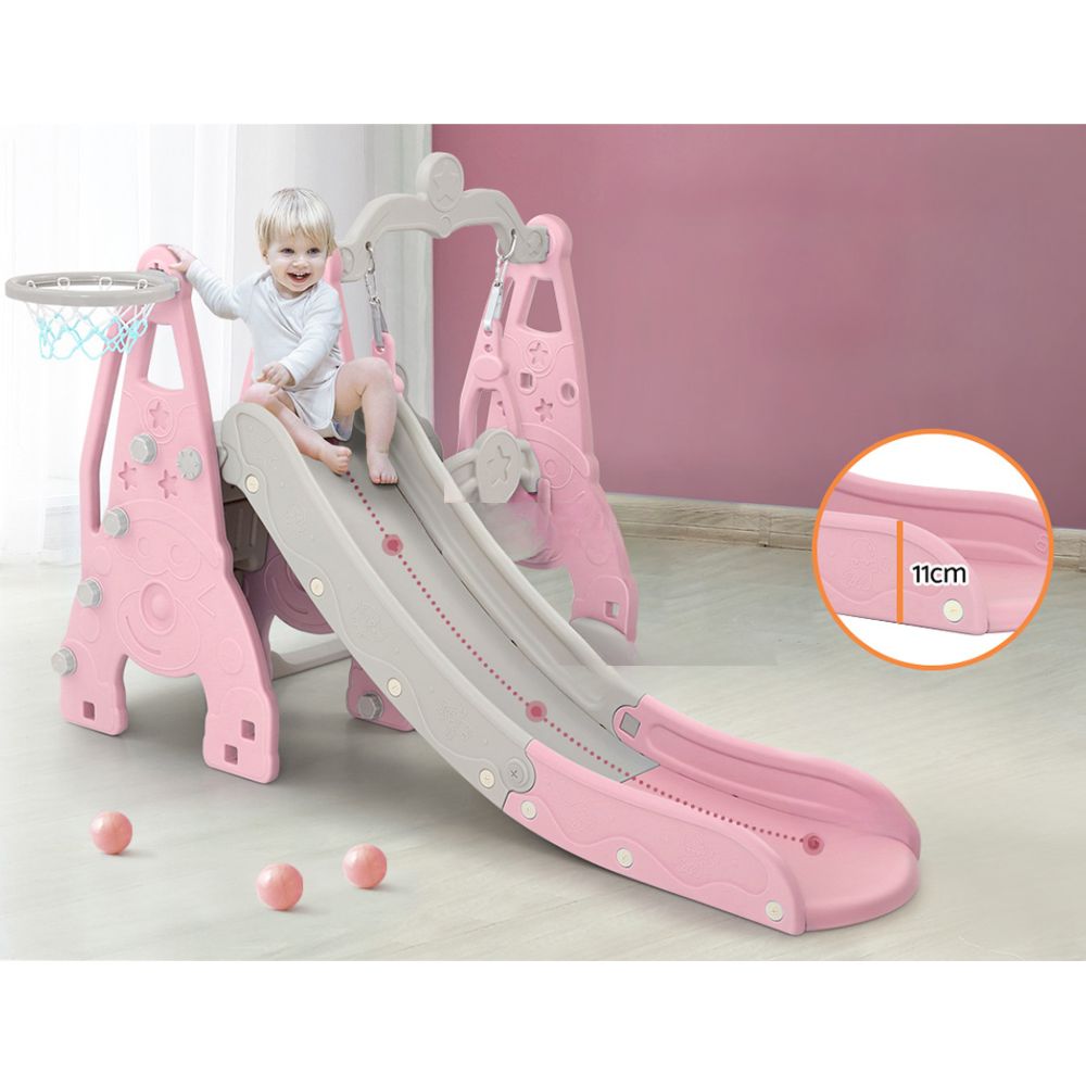 Kids Long Slide Swing Basketball Hoop Toddlers Play Set 170cm - Pink