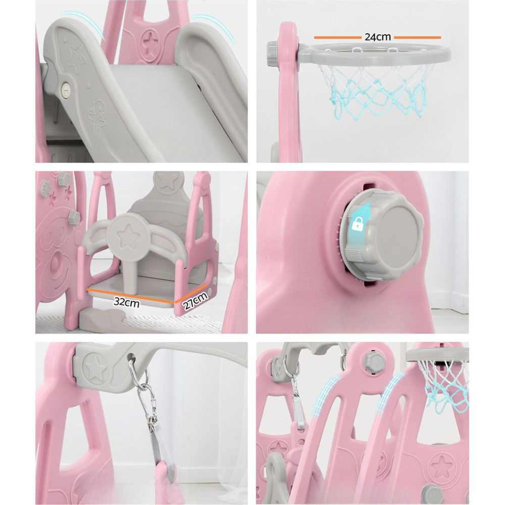 Kids Long Slide Swing Basketball Hoop Toddlers Play Set 170cm - Pink