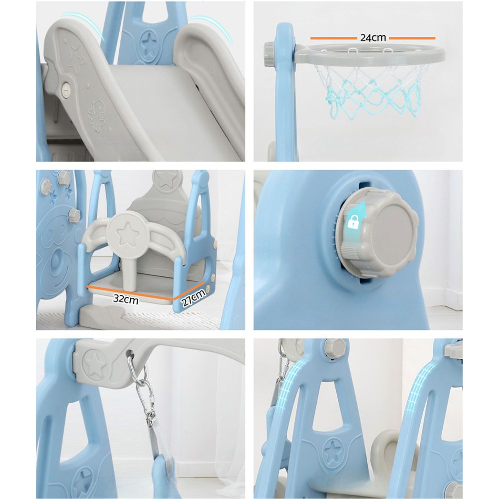 Kids Long Slide Swing Basketball Hoop Toddlers Play Set 170cm - Blue