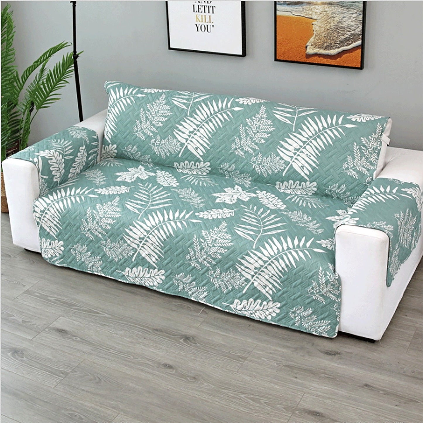 Light Green Leaves Quilted Couch Covers Lounge Slipcover Seater Pet Sofa Protector Cover