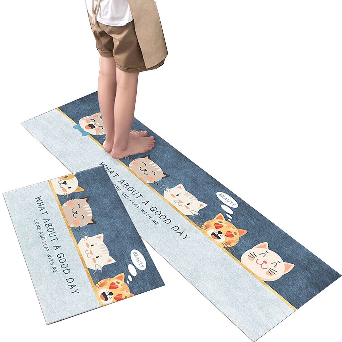 Lovely Cat Pattern Comfort Kitchen Mat Set with Rubber Back