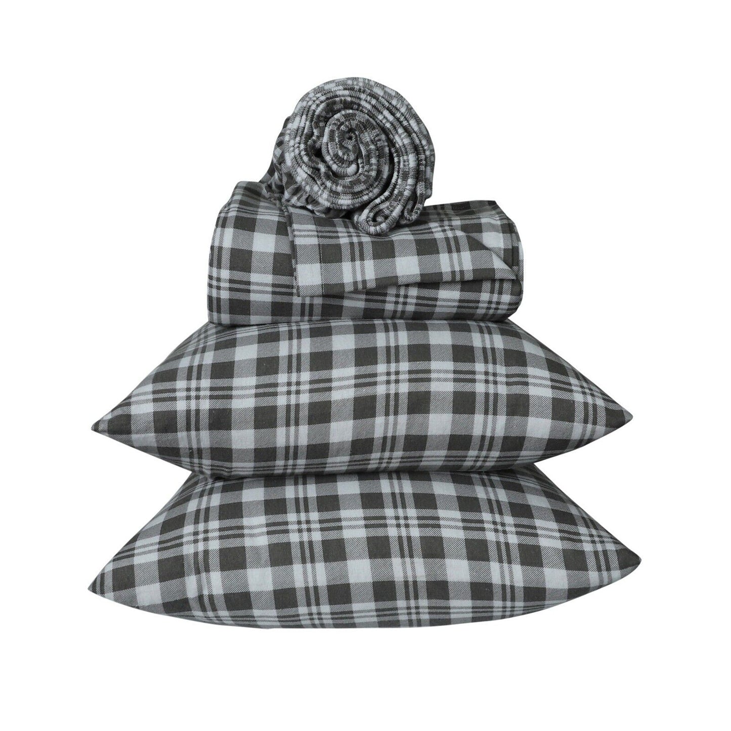 Grey Plaid Cotton Flannelette Sheets Set with Standard Pillow Case Single Double Queen King