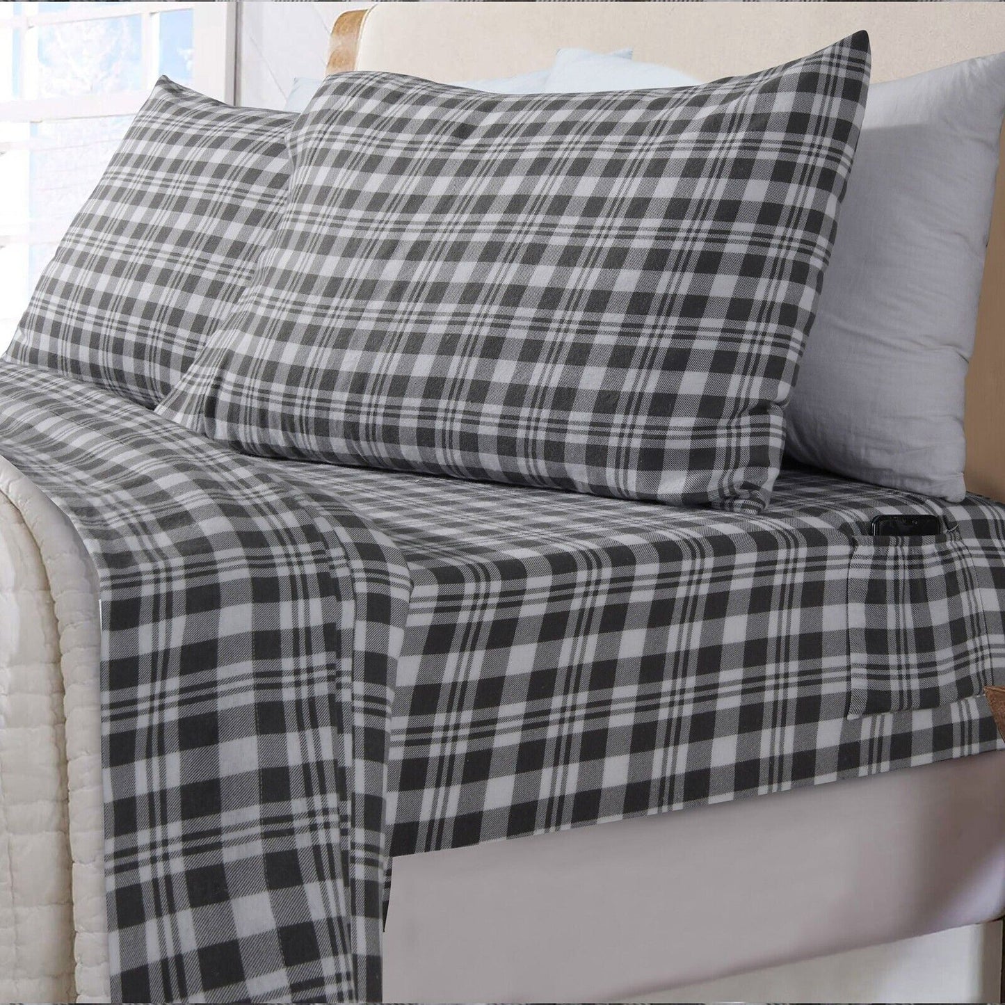 Grey Plaid Cotton Flannelette Sheets Set with Standard Pillow Case Single Double Queen King