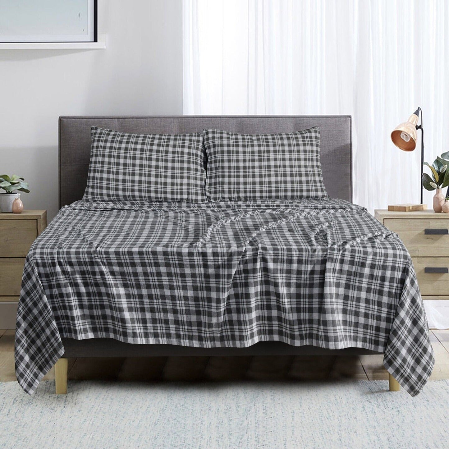 Grey Plaid Cotton Flannelette Sheets Set with Standard Pillow Case Single Double Queen King
