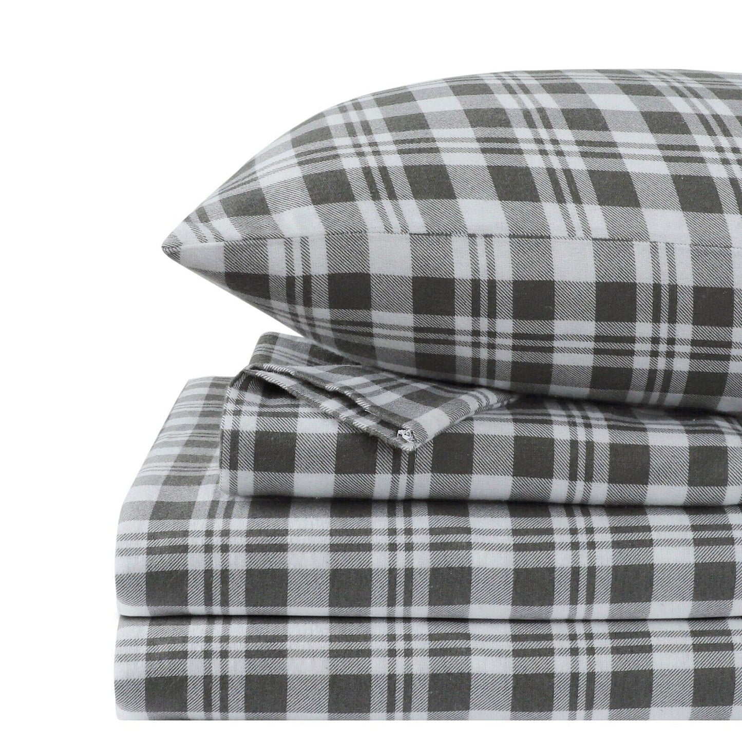 Grey Plaid Cotton Flannelette Sheets Set with Standard Pillow Case Single Double Queen King