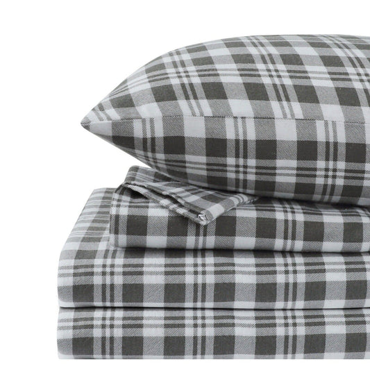 Grey Plaid Cotton Flannelette Sheets Set with Standard Pillow Case Single Double Queen King