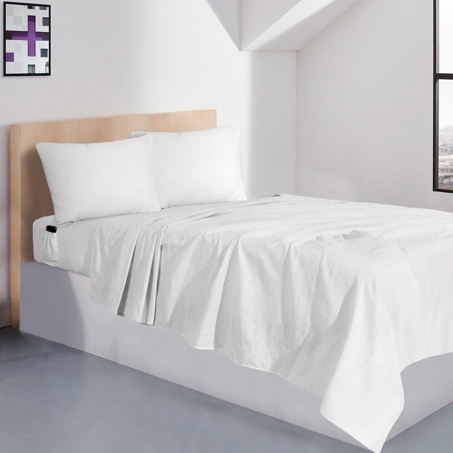 White Cotton Flannelette Sheets Set with Standard Pillow Case Single Double Queen King