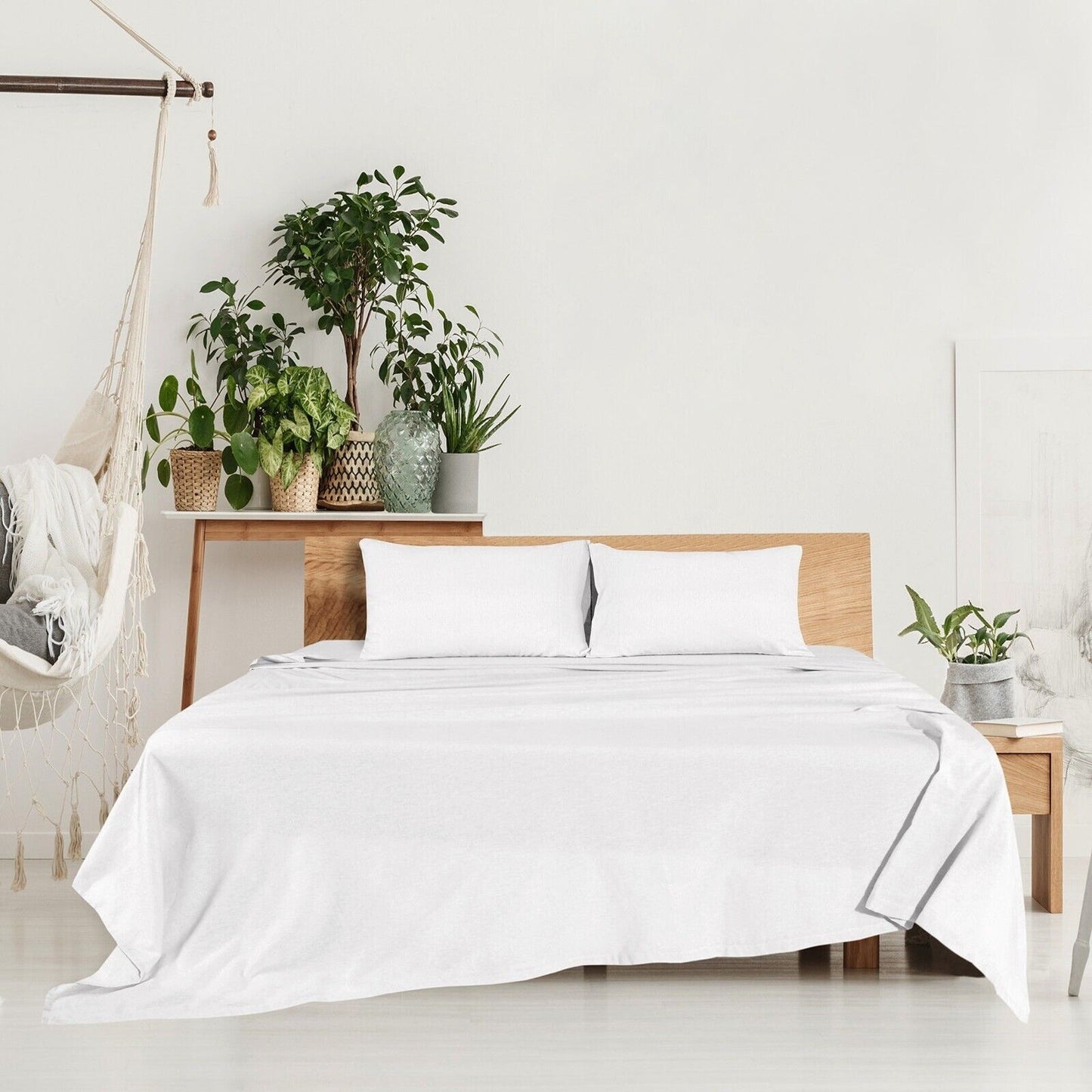 White Cotton Flannelette Sheets Set with Standard Pillow Case Single Double Queen King