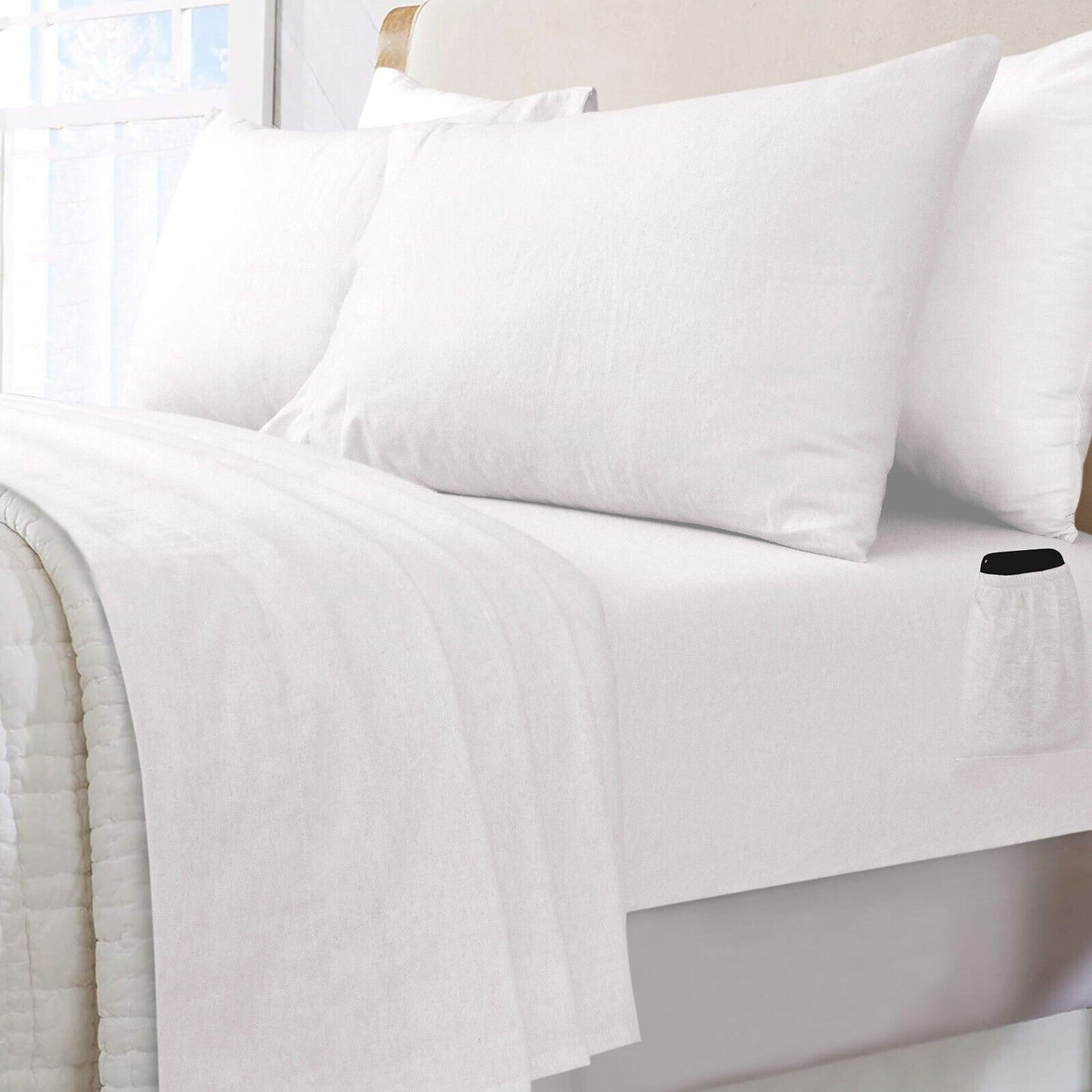 White Cotton Flannelette Sheets Set with Standard Pillow Case Single Double Queen King