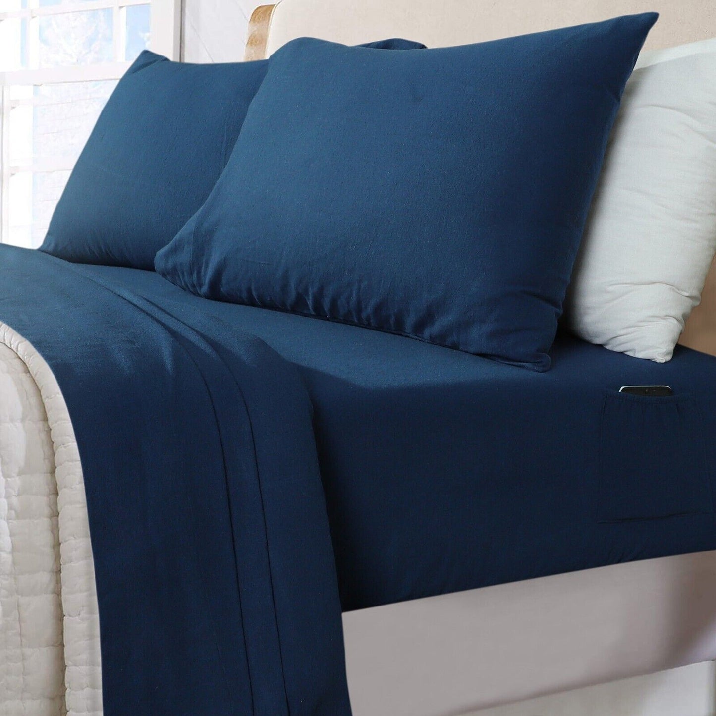 Navy Cotton Flannelette Sheets Set with Standard Pillow Case Single Double Queen King
