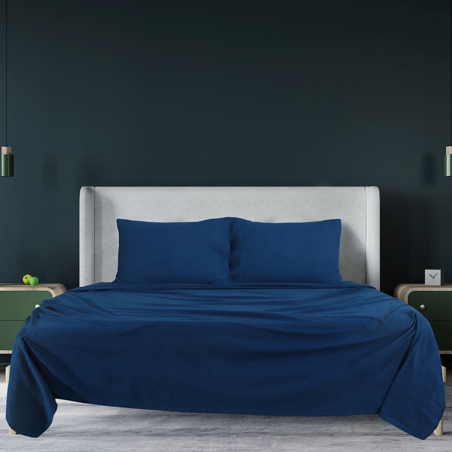 Navy Cotton Flannelette Sheets Set with Standard Pillow Case Single Double Queen King