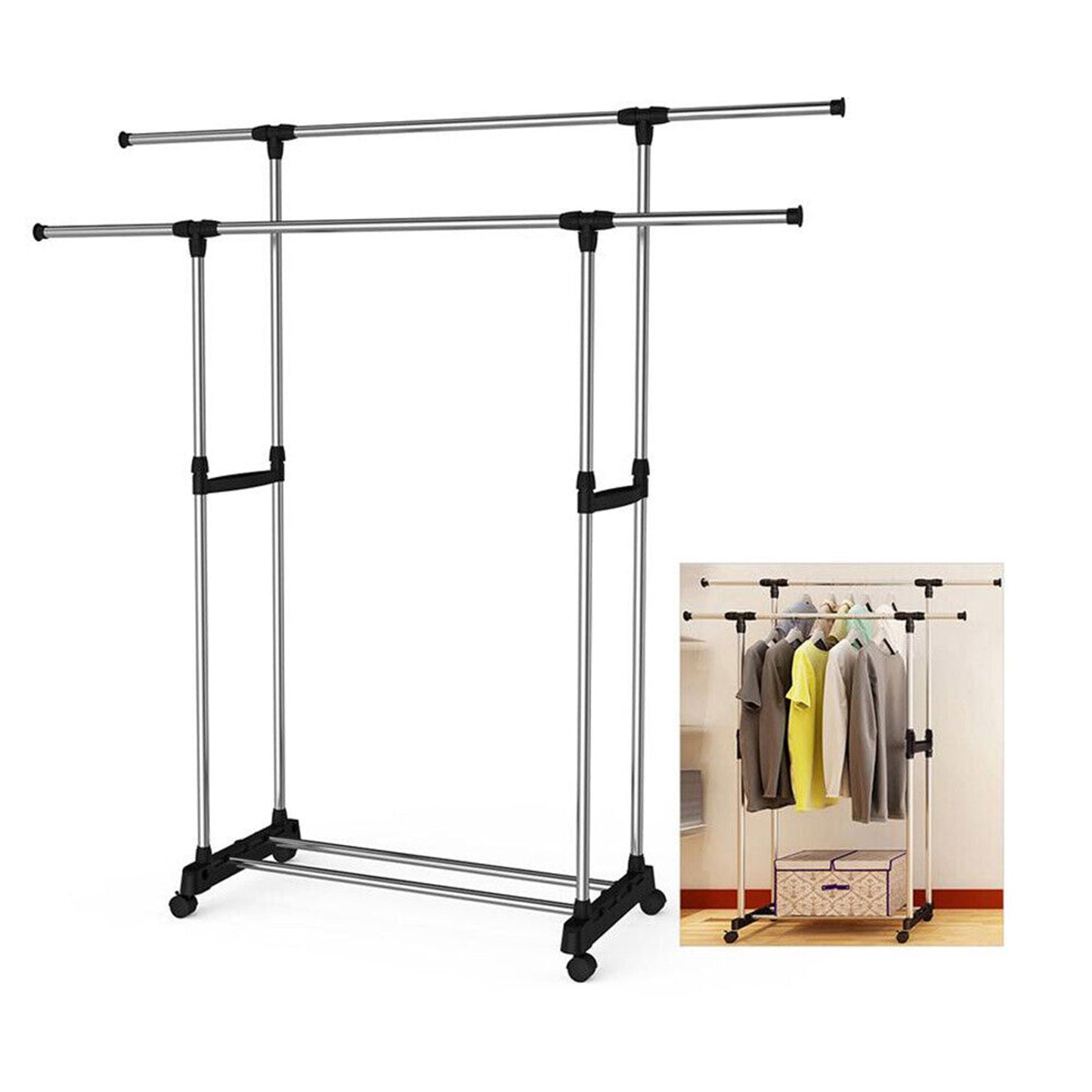 Adjustable Double Stainless Clothes Rack Garment Cloth Hanger with Holder