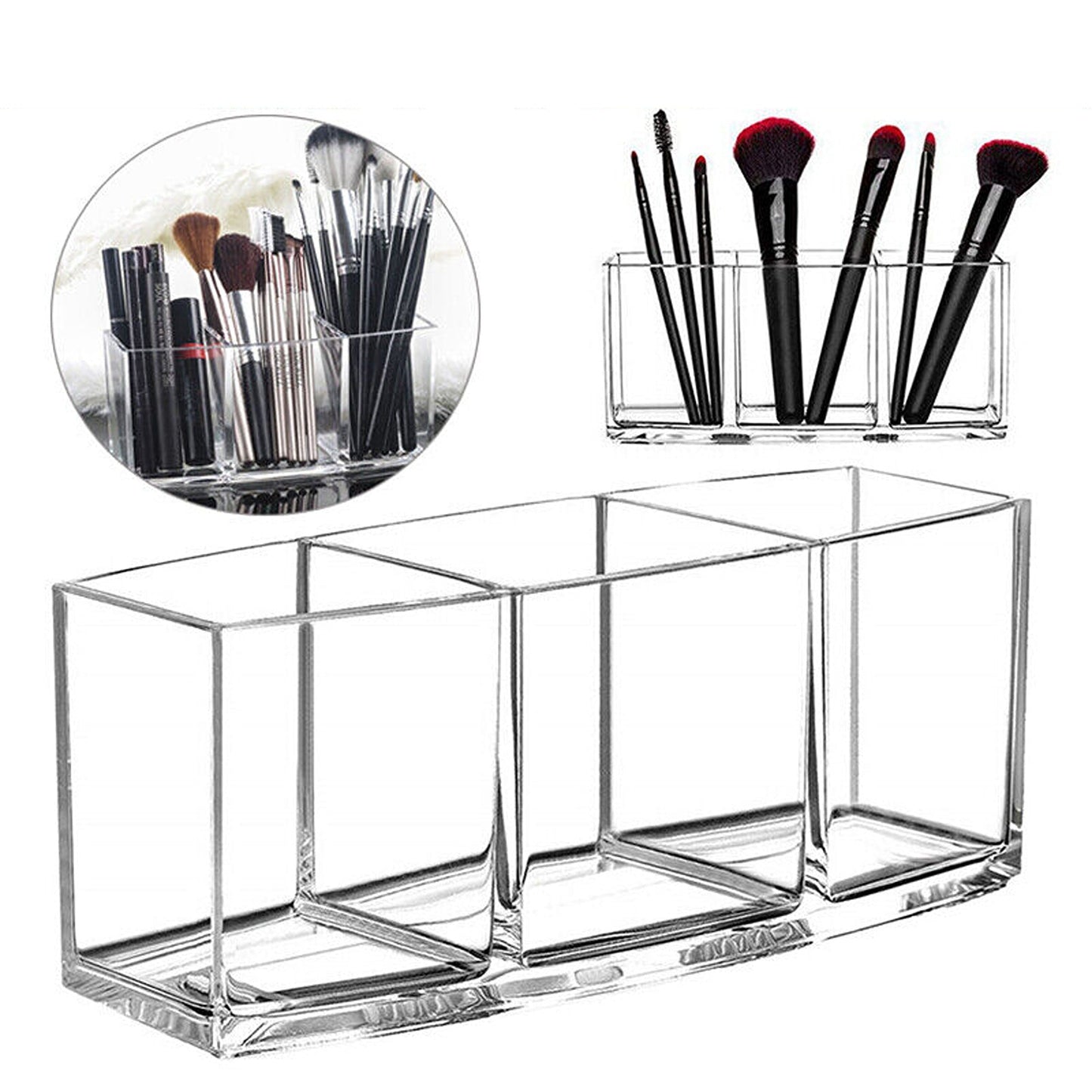 Acrylic Makeup Brush Holder with 3 Compartments for Cosmetic Storage