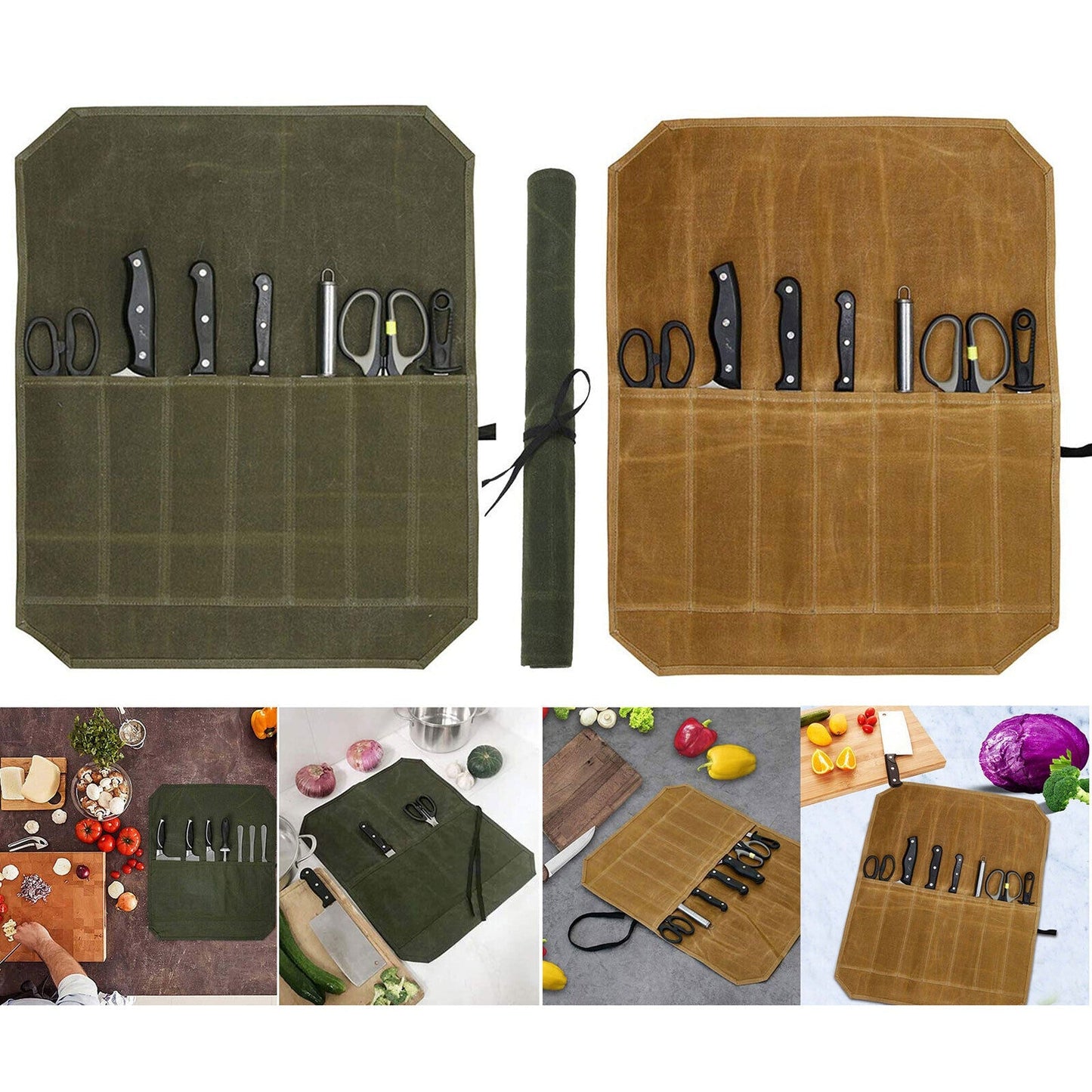 Waxed Canvas Chef Knife Roll Bag 7 Slot Storage Case