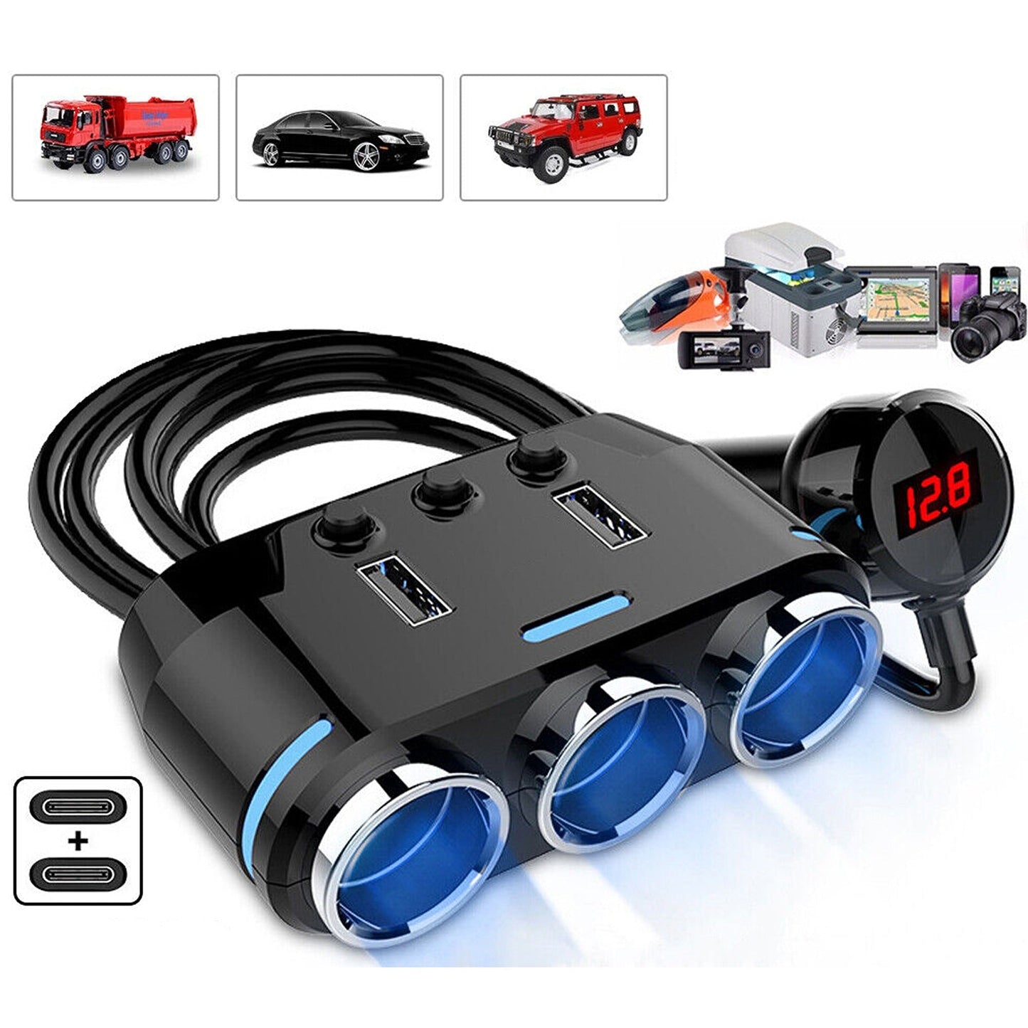 3-Way Multi Car Socket with Dual USB Power Adapter Splitter
