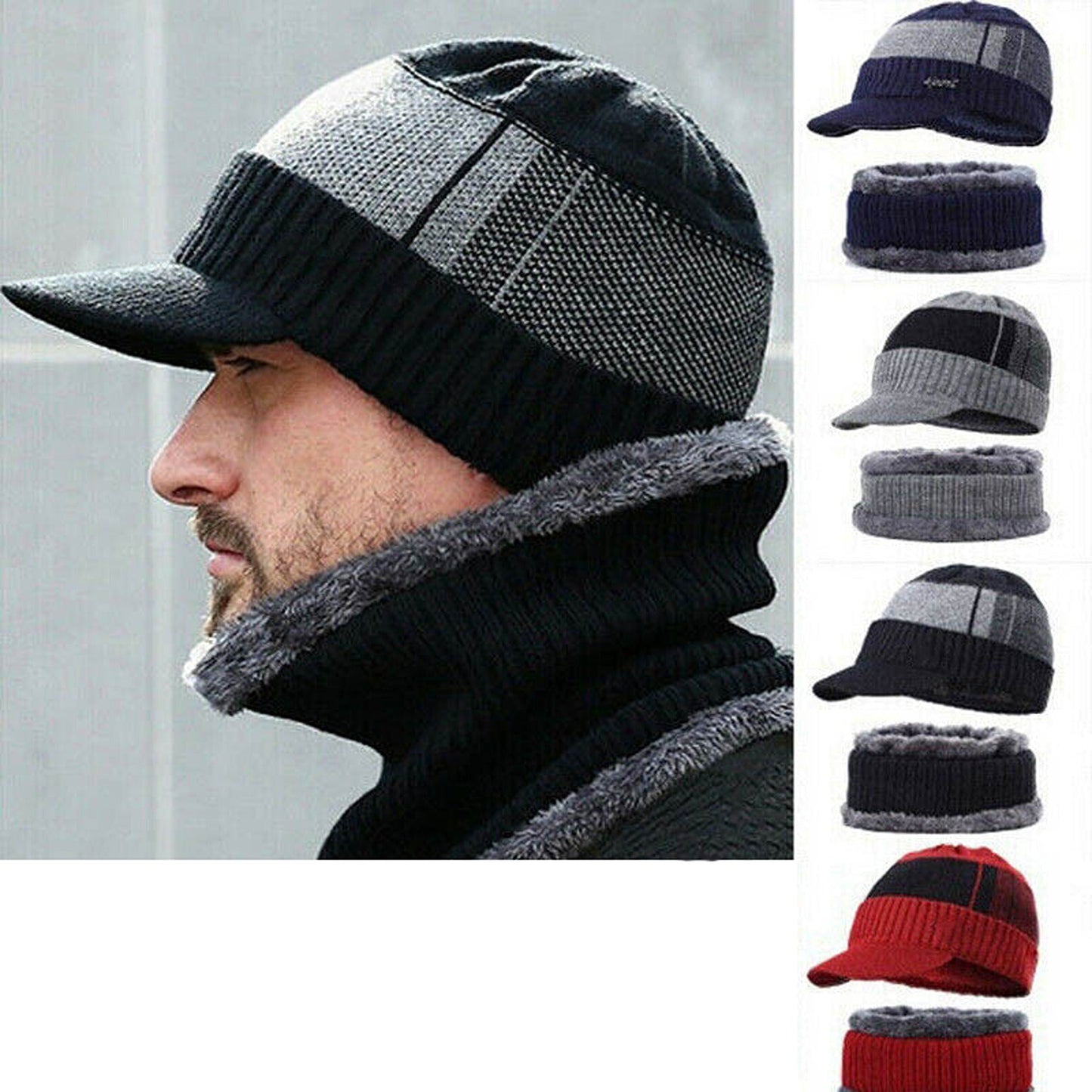 Men Fleece Lined Winter Beanie and Scarf Set Fashion Warm Ski Cap