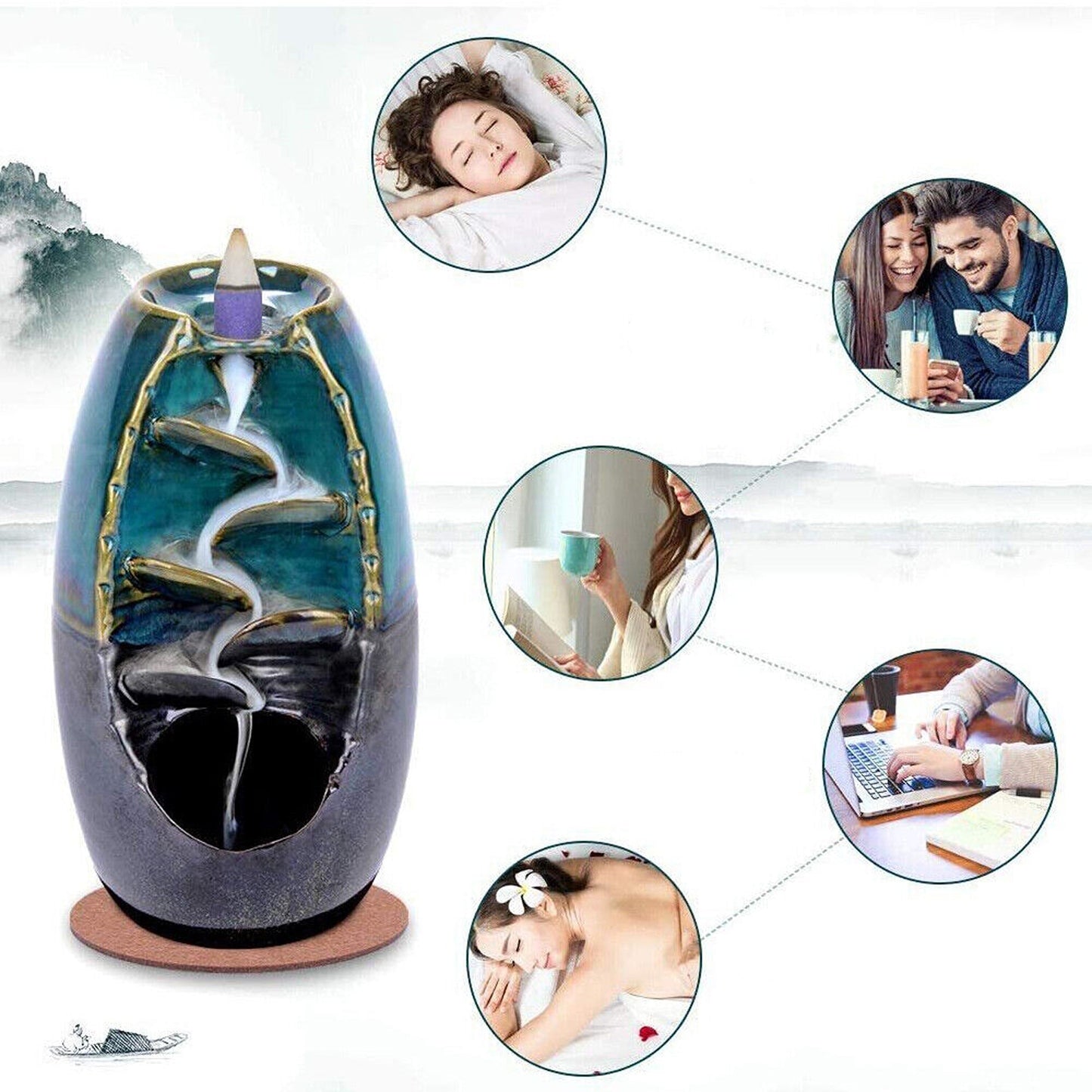 Ceramic Mountain Waterfall Smoke Backflow Incense Burner