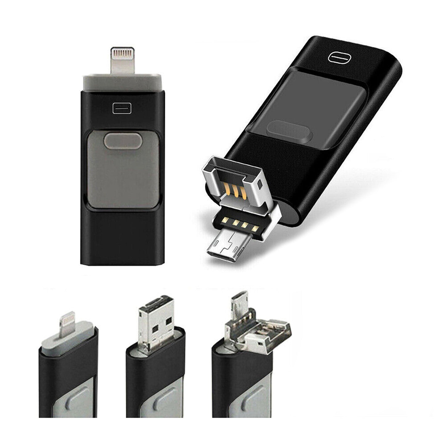 Black 3 in 1 Flash Drive USB Memory Stick for IOS Android iPhone