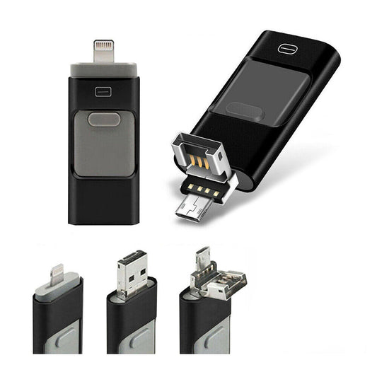 Black 3 in 1 Flash Drive USB Memory Stick for IOS Android iPhone